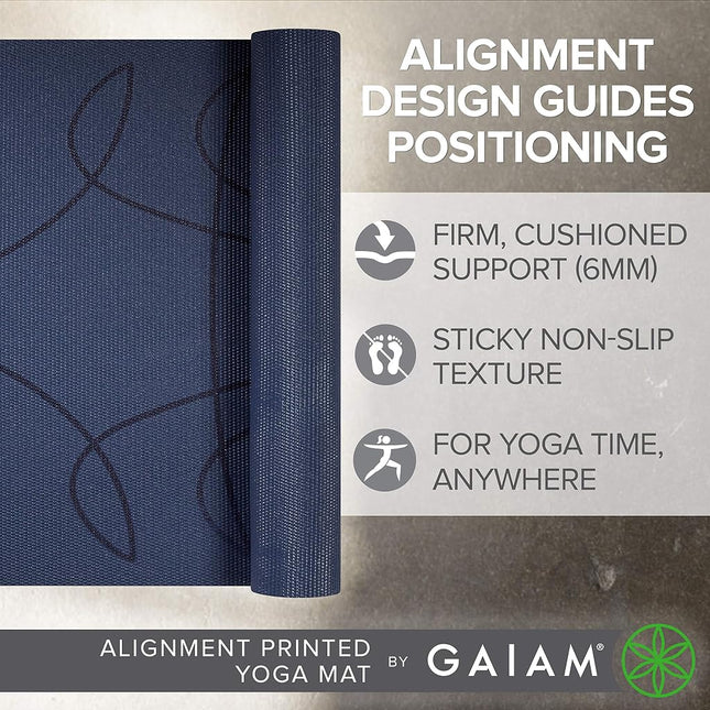 Gaiam Yoga Mat - Alignment Print Premium 6mm Thick Non Slip Exercise & Fitness Mat for All Types of Yoga, Pilates & Floor Workouts (68" x 24" x 6mm Thick), Ink