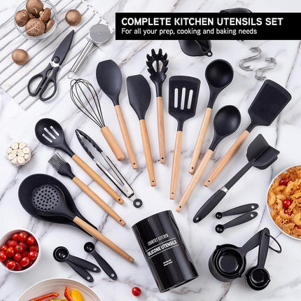 Country Kitchen Non Stick Silicone Utensil Set with Rounded Wood Handles for Cooking and Baking, 38 Piece Set, Green