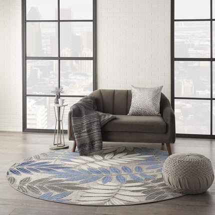 Nourison Aloha Indoor/Outdoor Grey/Blue 7’10” x Round Area Rug, Easy Cleaning, Non Shedding, Bed Room, Living Room, Dining Room, Backyard, Deck, Patio (8 Round)