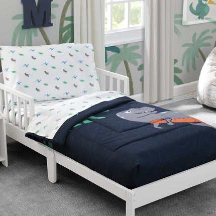 Juego de ropa de cama para cuna de 4 piezas Delta Children para niños - Edredón reversible 2 en 1 - Incluye edredón ajustable para mantener a los pequeños cómodos, sábana bajera, sábana encimera, funda de almohada - Dinosaurio Jurásico