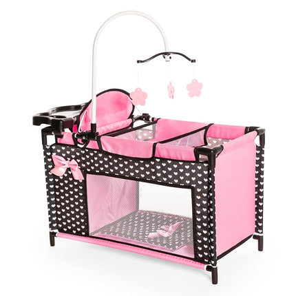 Doll bed with integrated high chair, changing table, mobile, black, pink