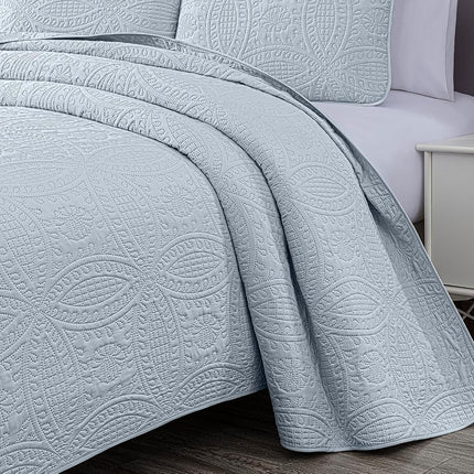 Chezmoi Collection Austin Queen Bedspread Set 3-Piece Pinsonic Quilted Oversized Bedspread Coverlet Set, Queen, Silver