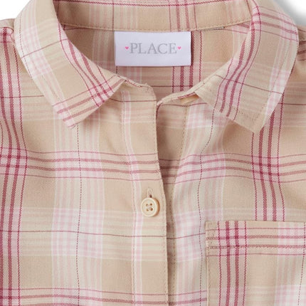 The Children's Place Girls' Long Sleeve Plaid Twill Tie Front Button Down Shirt, Latte Plaid, X-Large