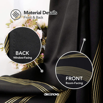Deconovo Foil Golden Printed Wave Striped Solid Blackout Curtains Room Darkening Noise Reduction Grommet Window Curtain for Bedroom 52x95 Inch Set of 2 Dark Grey
