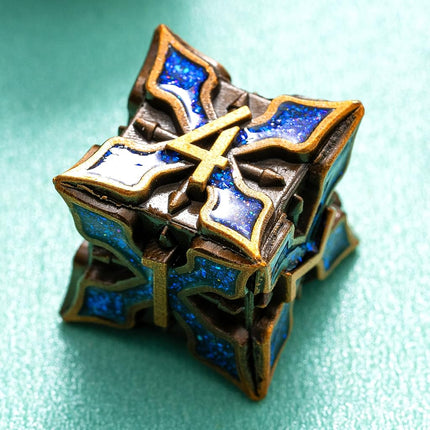 Metal Dice for DND - Spire Sanctum Series (Antique Gold Blue Glitter)