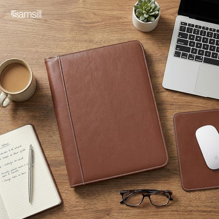 Samsill Contrast Stitch Leather Padfolio – Lightweight & Stylish Business Portfolio for Men & Women – Resume Portfolio, 8.5” x 11” Writing Pad – Brown/Tan