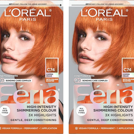 L'Oreal Paris Feria Permanent Hair Color, C74 Intense Copper, 2 Count