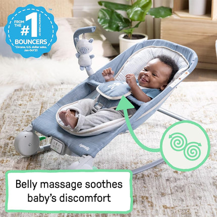 Ingenuity, Happy Belly Rock-to-Bounce Seat, Music, Vibration, Removable Toy Bar, Plush Toy Sloth, 0-6 Months, Blue - Chambray