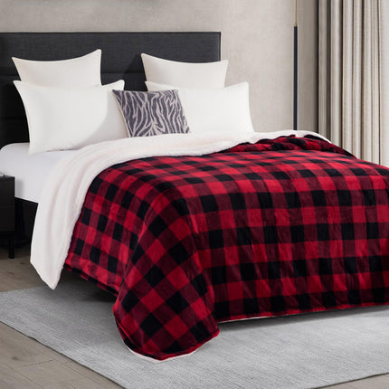 Elegant Comfort Ultra Soft Reversible Buffalo Plaid Flannel Sherpa Blanket - Cozy Silky Checkered Fleece Throw for Couch, Bed - Plush Fuzzy Warm Winter Blanket for Gift, Twin XL, Burgundy