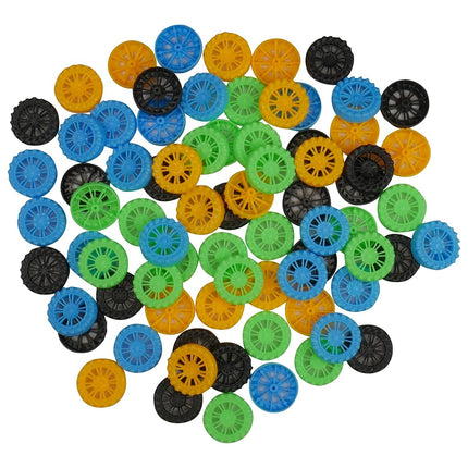 Large Plastic Project Wheels - 20 Wheels, 20 Rubber Bands, 10 Dowels, and a Project Idea - 4.75 inch Wheel Diameter and 1/4 inch Axel Hole