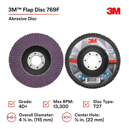 3M Flap Disc 769F, T27, High Performance Abrasive, Ceramic Precision-Shaped Grain, 40+, 4 1/2 in x 7/8 in 10 Count(Pack of 1)