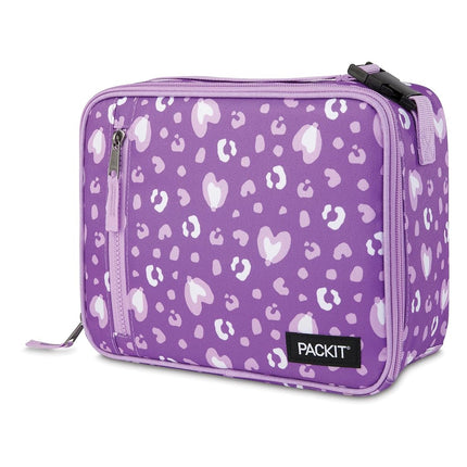 PackIt Freezable Classic Lunch Box, Leopard Hearts Purple, Built with ECOFREEZE Technology, Reusable, Zip Closure with Zip Front Pocket and Buckle Handle, Designed for Fresh Lunch On The Go