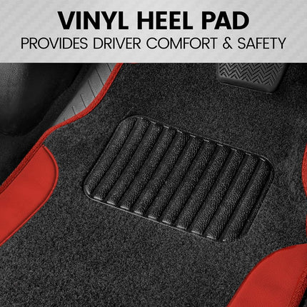 BDK Floor Mats for Cars, Two-Tone Carpet Car Floor Mats with Faux Leather Accents, Automotive Floor Mat Set with Built-In Heel Pad, Stylish Interior Car Accessories (Red)