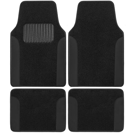 PU Leather Car Seat Covers w/Two-Tone Carpet/Vinyl Trim Car Floor Mats – Front and Back Split Bench Seat Covers, Steering Wheel Cover, Floor Mats for Cars Trucks Vans and SUVs (Black)