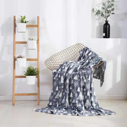 Elegant Comfort Velvet Touch Ultra Plush Christmas Holiday Printed Fleece Throw/Blanket-50 x 60inch, (Gray Christmas Tree)