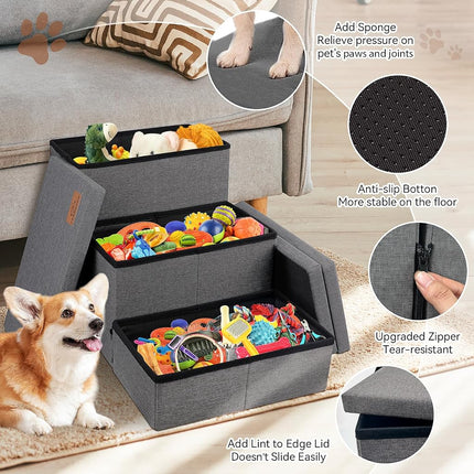 Zerbuger Dog Stairs with Storage, Dark Grey 3 Steps Dog Ramp no Condo