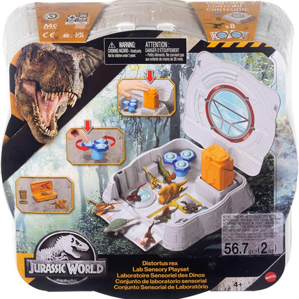 Mattel Jurassic World Distortus Rex Lab Sensory Playset with 8 Mini Figures, Model Clay and Spin & Pop Fidget Features in Fold Up Case, JKG89, 10" x 10"