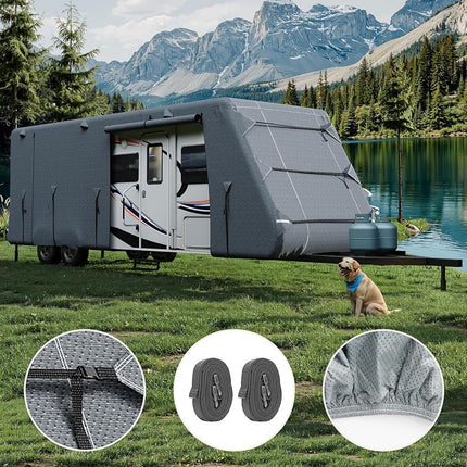 Garvee Travel Trailer RV Cover, Extra-Thick Upgraded 7 Layers for Camper Cover 24'-27', with Adhesive Repair Patches, 2Pcs Windproof Straps & 4 Tire Covers