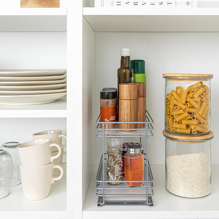 Household Essentials Glidez Paint-Finished Steel Pull-Out/Slide-Out Storage Organizer with Plastic Liner for Spice Rack Use - 2 -Tier Design - Fits Standard Size Cabinet or Shelf, Brushed Silver