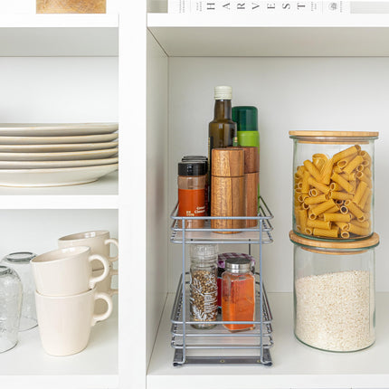 Household Essentials Glidez Paint-Finished Steel Pull-Out/Slide-Out Storage Organizer with Plastic Liner for Spice Rack Use - 2 -Tier Design - Fits Standard Size Cabinet or Shelf, Brushed Silver