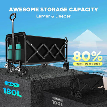 Folding Wagon, Extra Long Extender, Heavy Duty All-Terrain Wheels for Camping, Sports, Shopping, 330 lbs Capacity, Collapsible Cart for Beach, Sand and Large Events,Black (Black-Blue001)