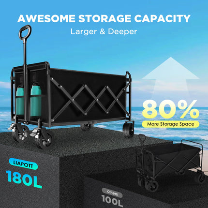 Folding Wagon, Extra Long Extender, Heavy Duty All-Terrain Wheels for Camping, Sports, Shopping, 330 lbs Capacity, Collapsible Cart for Beach, Sand and Large Events,Black (Black-Blue001)