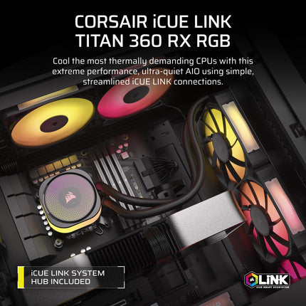 Corsair iCUE LINK TITAN 360 RX RGB Liquid CPU Cooler – 360mm AIO – 3x RX120 RGB Fans Included – Fits Intel LGA 1851/1700, AMD AM5/AM4 – iCUE LINK System Hub Included – Black