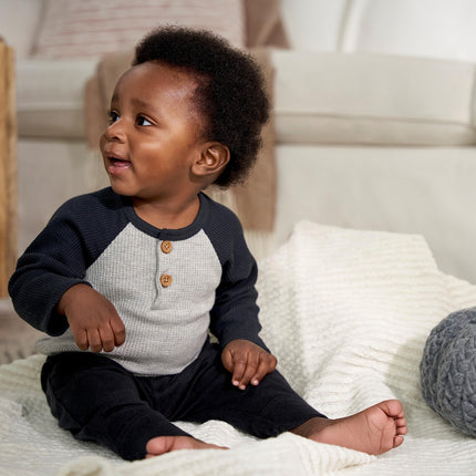 Gerber Baby Boys' 2-Pack Long Sleeve Henley Onesies, Blue and Ivory, 0-3 Months