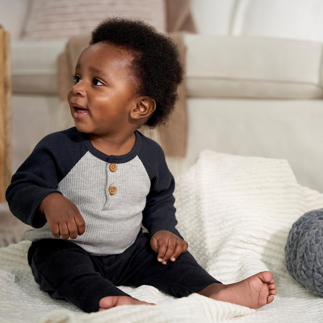 Gerber Baby Boys' 2-Pack Long Sleeve Henley Onesies, Blue and Ivory, 0-3 Months