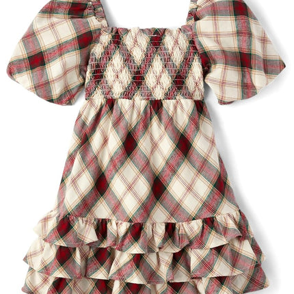Gymboree Girls' and Toddler Short Sleeve Casual Printed Dresses, Red/Green Plaid, 12