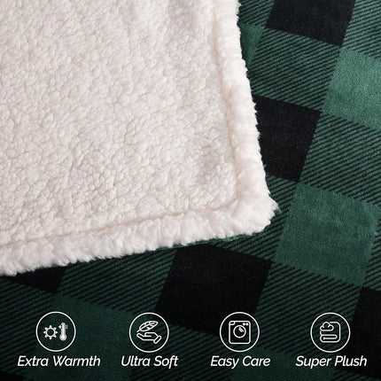 Elegant Comfort Ultra Soft Reversible Buffalo Plaid Flannel Sherpa Blanket - Cozy Silky Checkered Fleece Throw for Couch, Bed - Plush Fuzzy Warm Winter Blanket for Gift, Full, Green