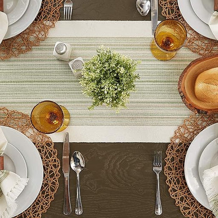 DII Fringed Stripe Tabletop, Table Runner, Cotton, Thyme, 14x72