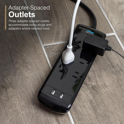 GE, Black, Strip Surge Protector Charger, 7 Outlets, 2 USB Ports, Fast Charge, Flat Plug, Long Power Cord, 3 Feet, Wall Mount, Warranty, 37054, 3 Ft