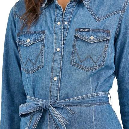 Wrangler Women's Long Sleeve Western Shirt Dress Casual, Mid Denim, X-Large