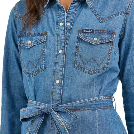Wrangler Women's Retro Long Sleeve Western Snap Dress Casual, Mid Denim, Large