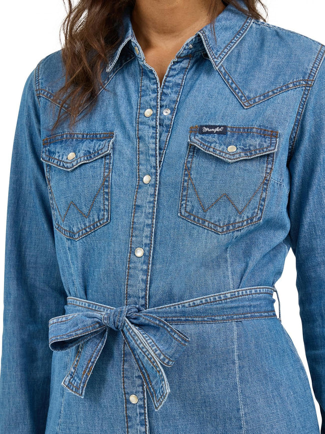 Wrangler Women's Retro Long Sleeve Western Snap Dress Casual, Mid Denim, Large