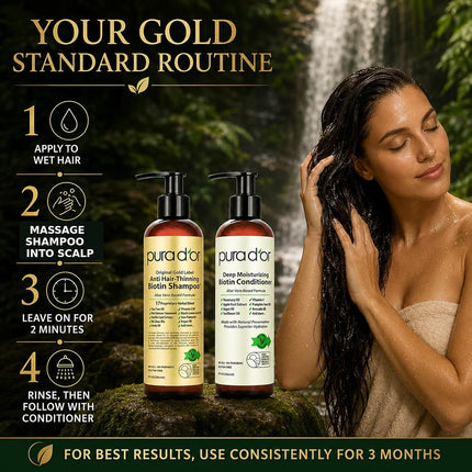 PURA D'OR Anti-Thinning Biotin Shampoo & Conditioner (8oz x 2) Original Gold Label Set, Clinically Tested Effective Solution with Herbal DHT Blockers, All Hair Types, Men & Women (Packaging may vary)