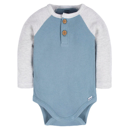 Gerber Baby Boys' Long Sleeve Henley Onesies (paquete de 2), azul y gris jaspeado, recién nacido