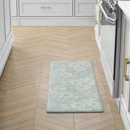 Laura Ashley - Anti-Fatigue Kitchen Mat, Iris Floral Design, Stain, Water & Fade Resistant, Cooking & Standing Relief, Non-Slip Backing, Measures 17.5" x 48", Sage Green Iris