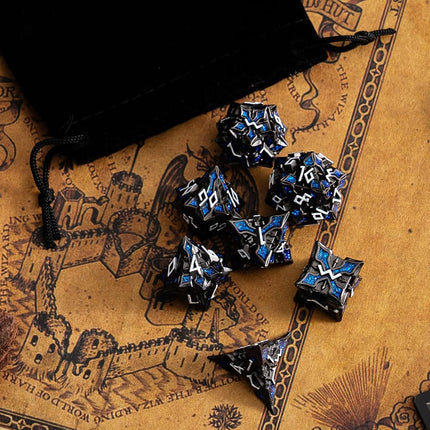 Metal Dice for DND - Spire Sanctum Series (Black Matte Blue Glitter)