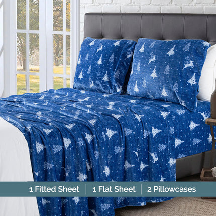 Elegant Comfort Luxuriously Soft 4-Piece Holiday Velvet Plush Flannel Sheet Set- Premium Quality- Cozy Warm, Christmas Fuzzy Velvet Flannel Fleece Deep Pocket Sheet Set -Twin XL, Arctic Blue Christmas