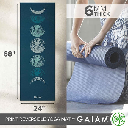 Gaiam Yoga Mat Premium Print Reversible Extra Thick Non-Slip Mat for All Types of Yoga, Pilates and Floor Exercise, Moon Wave 6mm