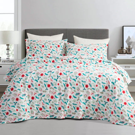 Elegant Comfort Luxuriously Soft 4-Piece Holiday Velvet Plush Flannel Sheet Set - Premium Quality - Cozy Warm, Christmas Fuzzy Velvet Flannel Fleece Deep Pocket Sheet Set - Twin XL, Winter Bloom