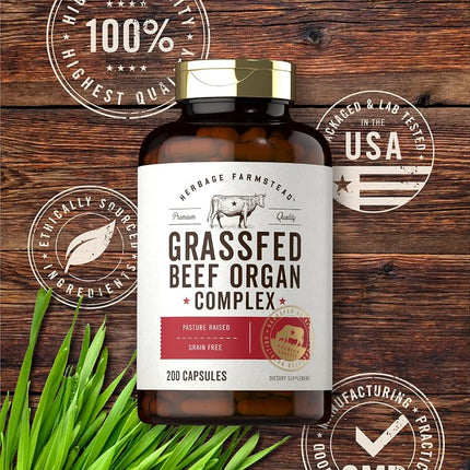 Grassfed Beef Organs Capsules 3250mg | 200 Count | Desiccated Liver, Kidney, Pancreas, Heart, Spleen Supplement | Non-GMO, Gluten Free | by Herbage Farmstead