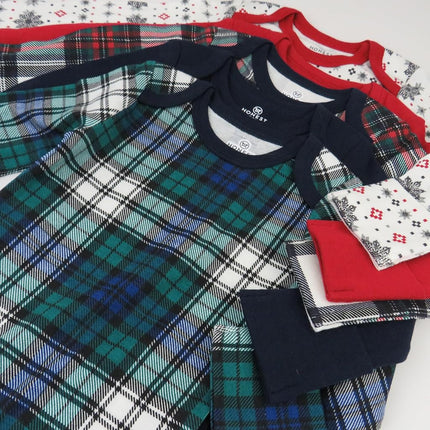 HonestBaby Paquete de 5 bodies de manga larga de una pieza 100% algodón orgánico para bebés, unisex, tartán festivo, 12 meses, tartán festivo, 12 meses