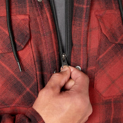 Dickies Men's Water Repellent Flannel Hooded Shirt Jacket, Brick Black Ombre Plaid, Large