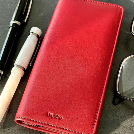 DiLoro Leather Zippered Triple or Quad Pen Case Pencil Pouch Holder for Three or Four Fountain Ballpoint Rollerball Pens or Glasses (Nappa Red)