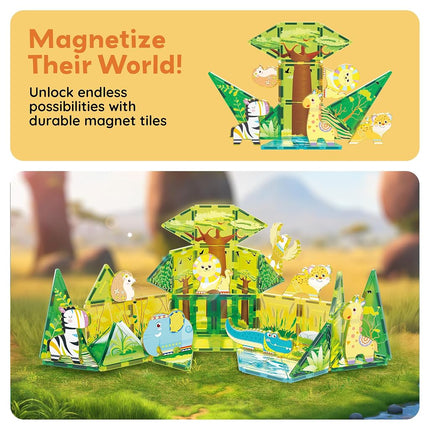 PicassoTiles 46pc Magnet Tile Building Block Safari Themed Set with 8 Compatible Magnetized Animal Action Figures Build Blocks Toddler Creativity Toys STEAM Educational Learning Skills Ages 3+ PTQ12