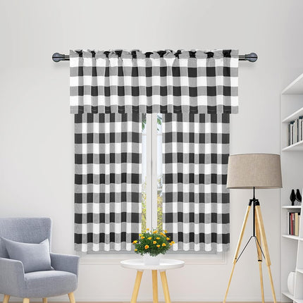 Simple Deluxe 3 piezas cortinas de cocina de cuadros búfalo para ventanas, juego de cenefa y cortinas de 3, 52" ancho x 15" largo y 26" ancho x 45" largo, blanco y negro