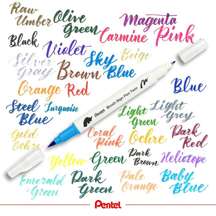 Pentel SESW30C-30 Rotulador Doble Brush Sign, Set de 30 Colores, Rotuladores de Fibra con Dos Puntas Flexibles, Tinta a Base de Agua, Surtidos, Paquete de 30